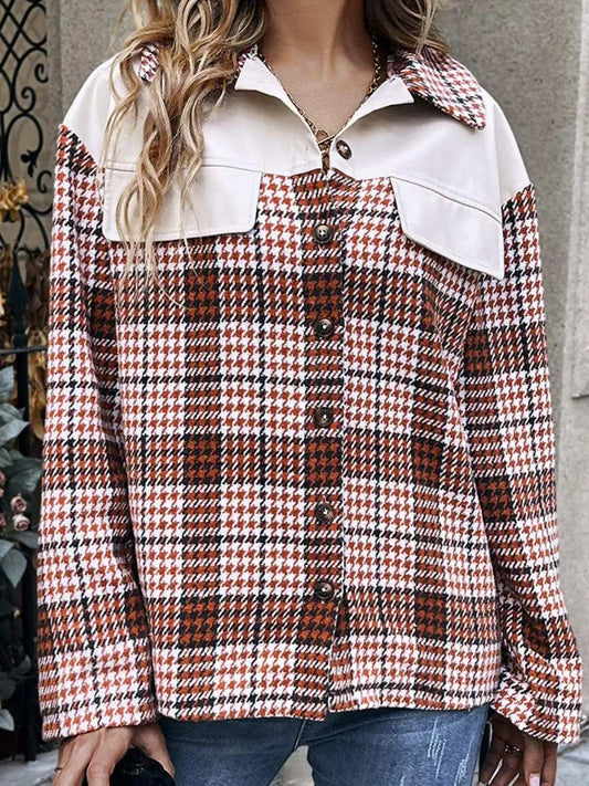Plaid Collared Neck Drop Shoulder Jacket - Trendsi - Flyclothing LLC