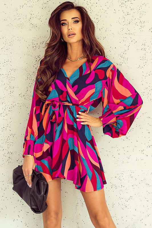 Printed Surplice Neck Tie Waist Dress - Trendsi - Flyclothing LLC