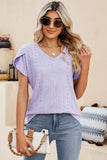 Eyelet V-Neck Petal Sleeve T-Shirt - Trendsi - Flyclothing LLC