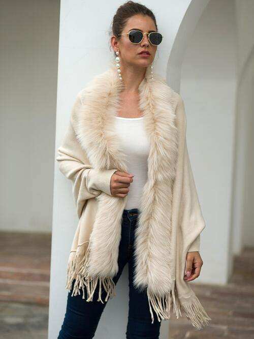 Fringe Open Front Long Sleeve Poncho - Trendsi - Flyclothing LLC