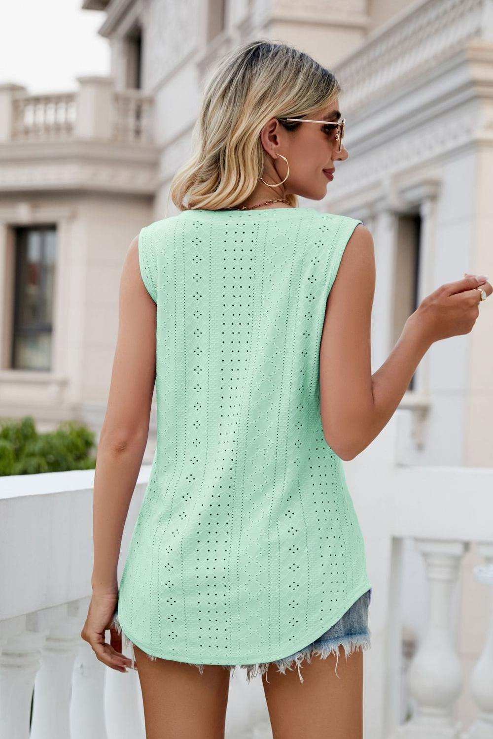 Eyelet V-Neck Tank - Trendsi - Flyclothing LLC
