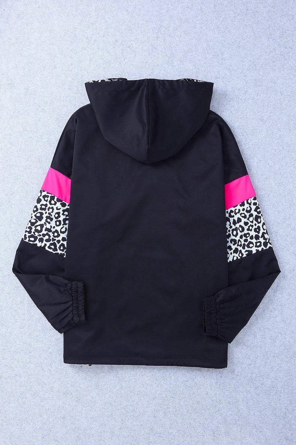 Leopard Color Block Zip-Up Hooded Jacket - Trendsi - Flyclothing LLC