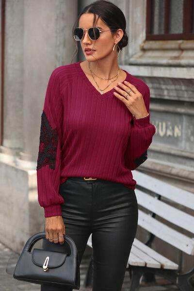 Ribbed Lace Detail V-Neck Sweater - Trendsi - Flyclothing LLC