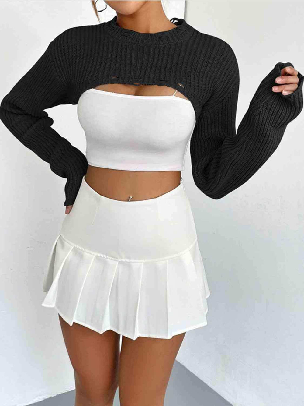 Distressed Long Sleeve Cropped Sweater - Trendsi - Flyclothing LLC