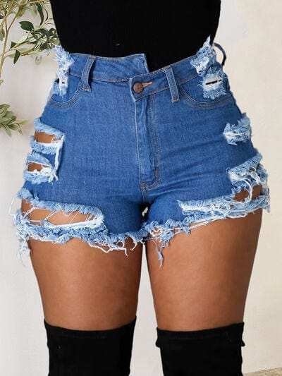 Distressed Raw Hem Denim Shorts with Pockets - Trendsi - Flyclothing LLC