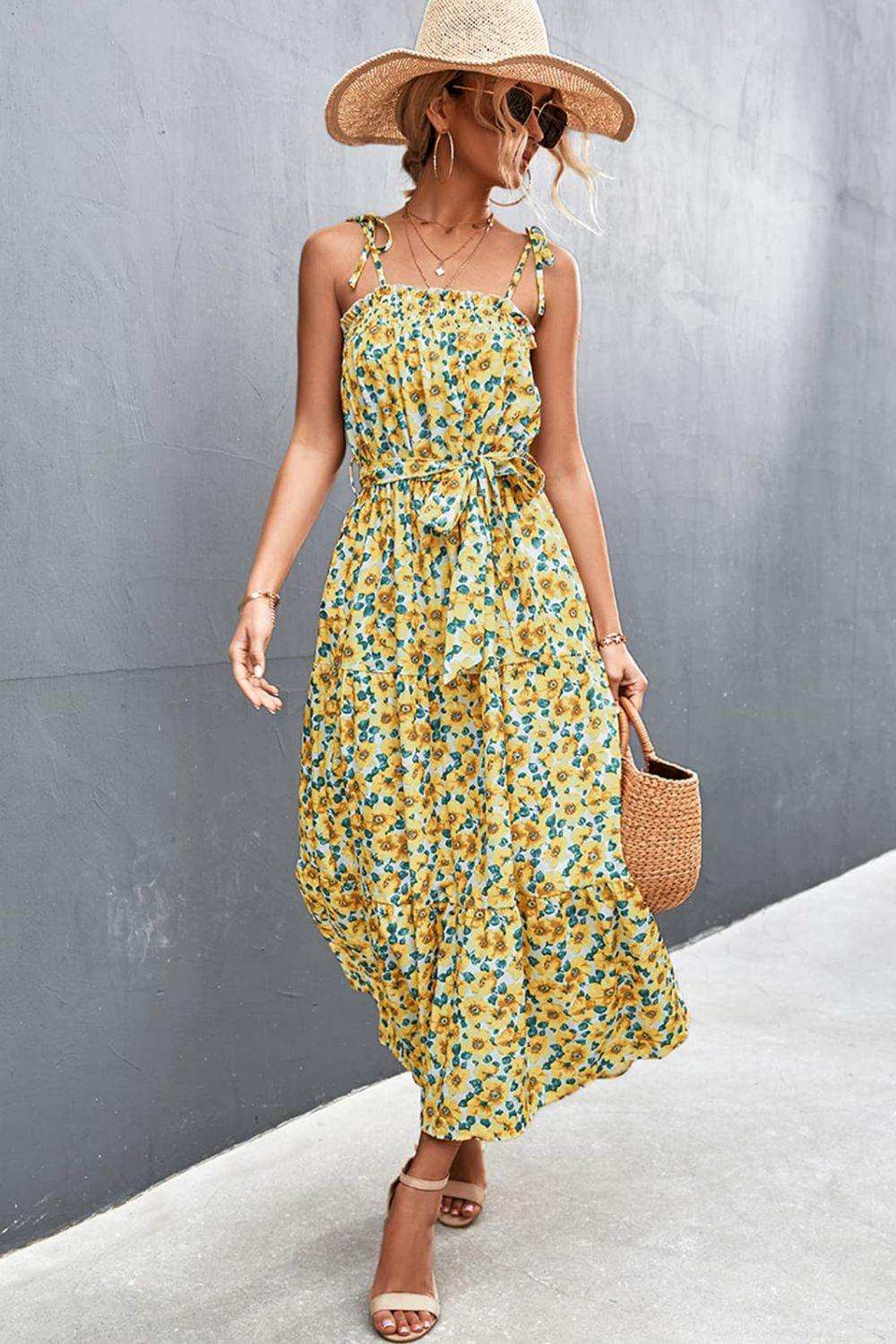 Floral Tie-Shoulder Belted Dress - Trendsi - Flyclothing LLC