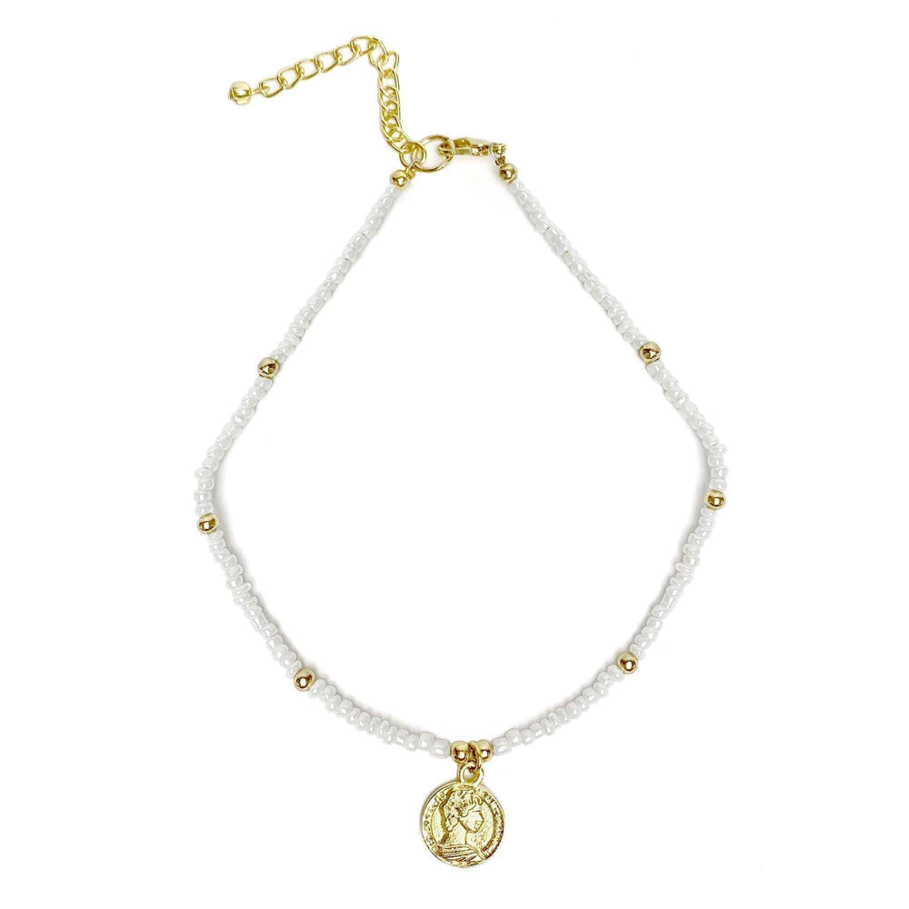 White Glass Bead Choker with Brass Coin Pendant - Asha Handicrafts - Flyclothing LLC