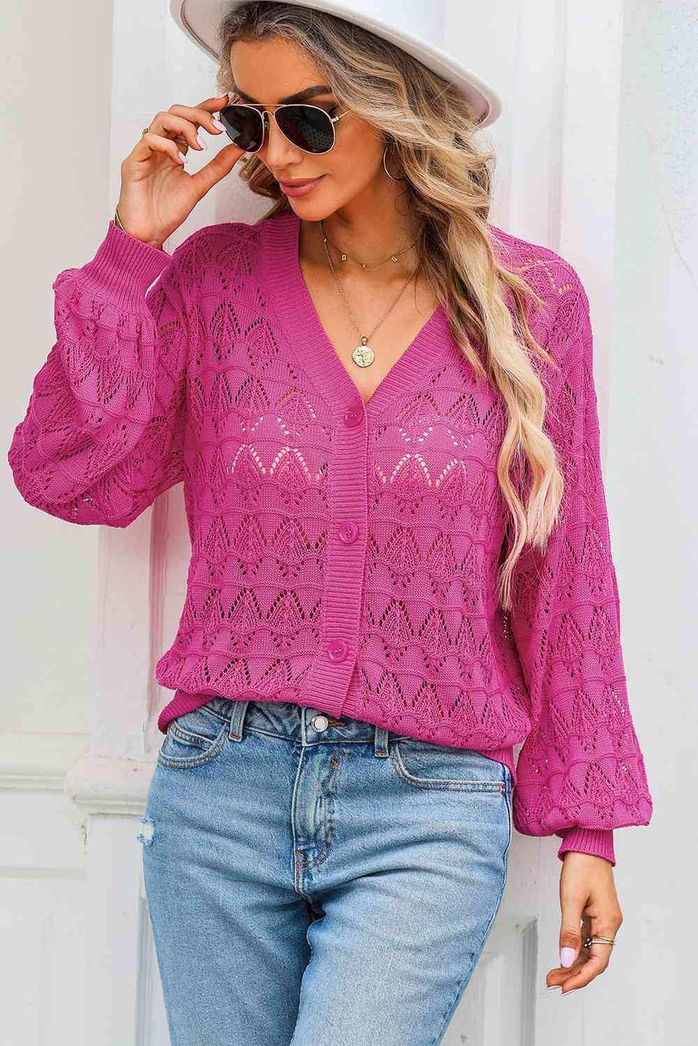 Openwork V-Neck Cardigan - Trendsi - Flyclothing LLC
