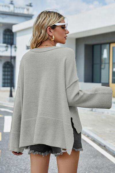 High-Low Slit Round Neck Long Sleeve Sweater - Trendsi - Flyclothing LLC