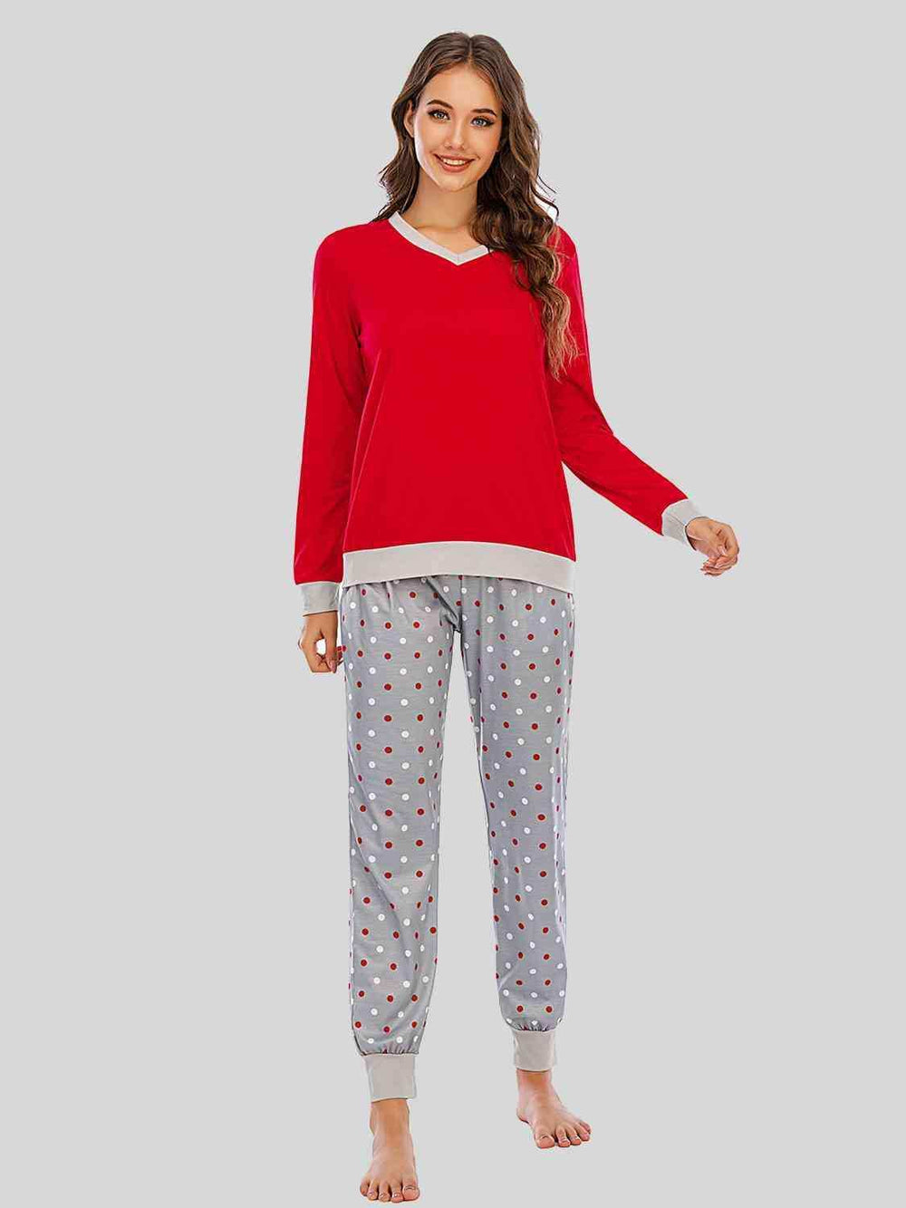 Long Sleeve Top and Polka Dot Pants Set - Trendsi - Flyclothing LLC