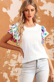 Multicolored Flutter Sleeve Round Neck Blouse - Trendsi - Flyclothing LLC