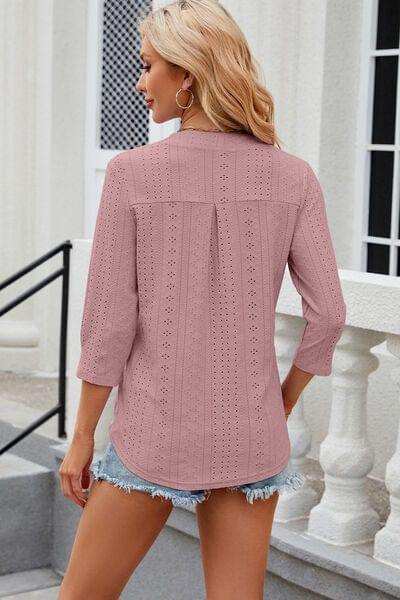 Eyelet Notched Knit Jacquard Top - Trendsi - Flyclothing LLC