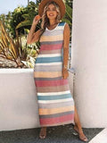 Slit Striped Round Neck Sleeveless Dress - Trendsi - Flyclothing LLC
