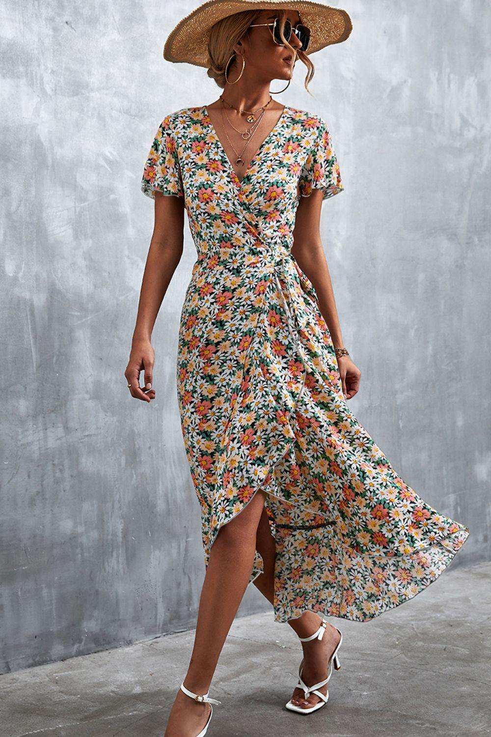 Floral Surplice Neck Tied Midi Dress - Trendsi - Flyclothing LLC