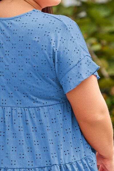 Plus Size Eyelet Round Neck Short Sleeve Blouse - Trendsi - Flyclothing LLC