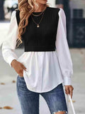 Contrast Round Neck Puff Sleeve Blouse - Trendsi - Flyclothing LLC