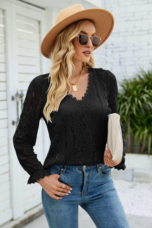 V-Neck Flounce Sleeve Lace Top - Trendsi - Flyclothing LLC