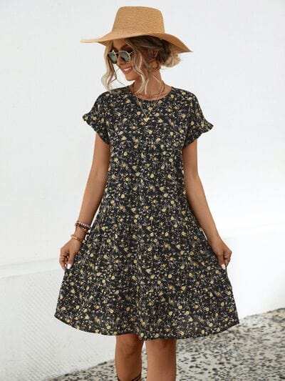 Frill Floral Round Neck Short Sleeve Tiered Dress - Trendsi - Flyclothing LLC