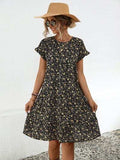 Frill Floral Round Neck Short Sleeve Tiered Dress - Trendsi - Flyclothing LLC