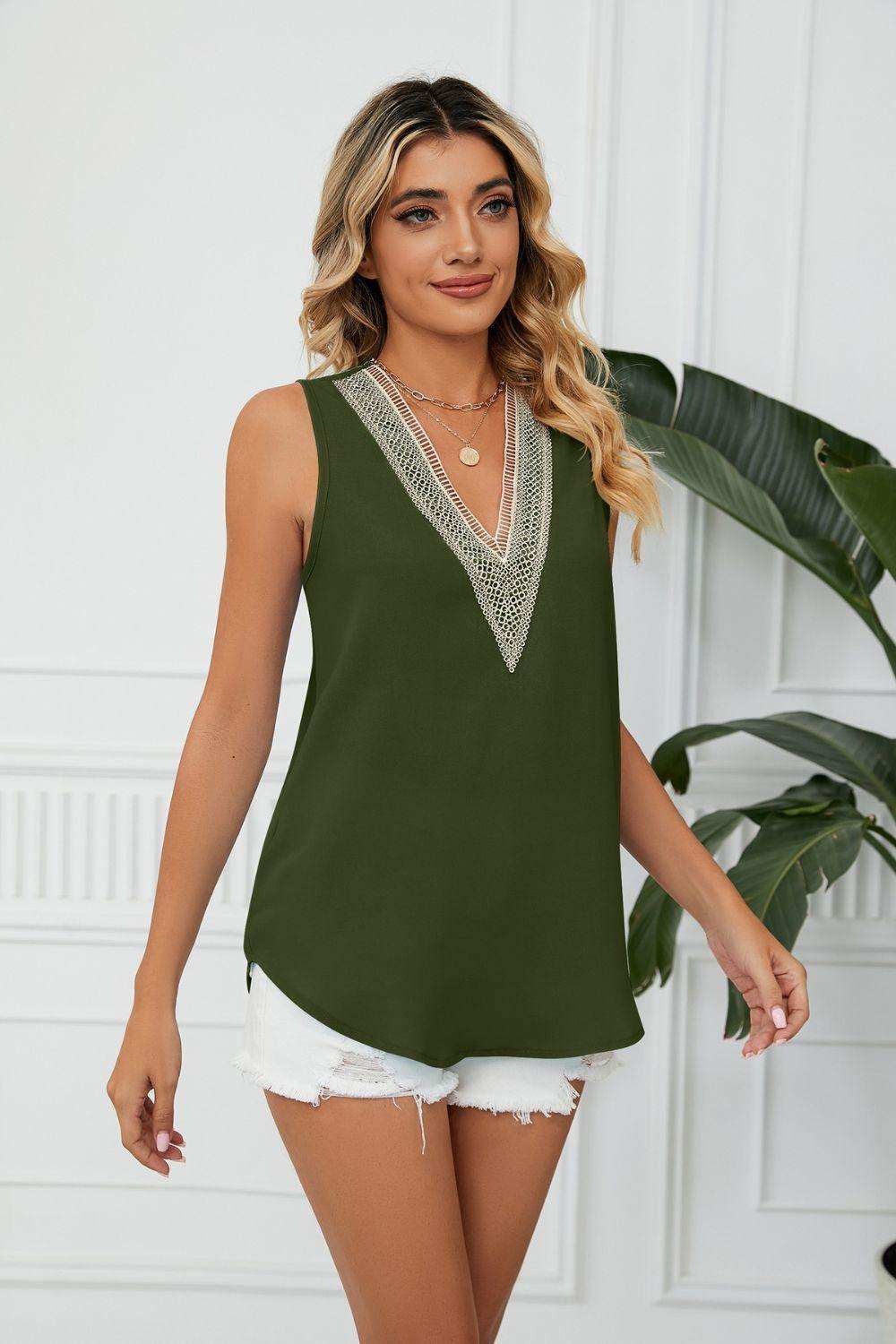 Contrast Trim Plunge Sleeveless Blouse - Trendsi - Flyclothing LLC