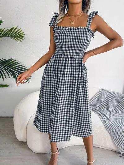Frill Plaid Square Neck Midi Dress - Trendsi - Flyclothing LLC