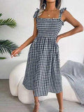 Frill Plaid Square Neck Midi Dress - Trendsi - Flyclothing LLC