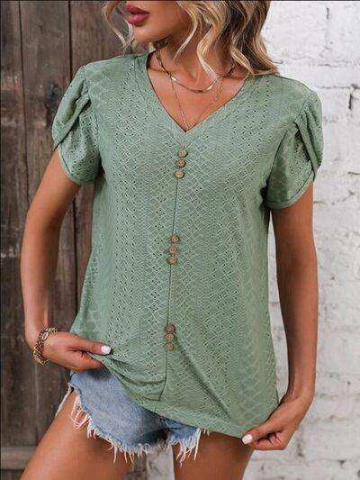 Eyelet V-Neck Petal Sleeve T-Shirt - Trendsi - Flyclothing LLC