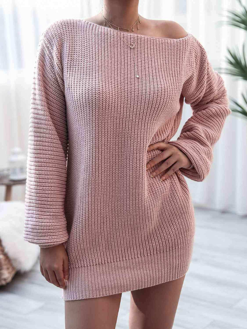 Rib-Knit Mini Sweater Dress - Trendsi - Flyclothing LLC