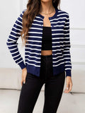 Striped Round Neck Long Sleeve Buttoned Knit Top - Trendsi - Flyclothing LLC
