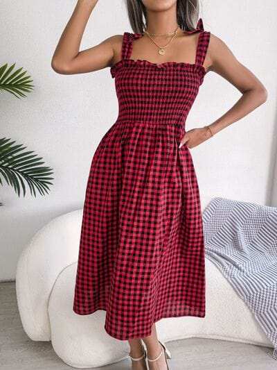 Frill Plaid Square Neck Midi Dress - Trendsi - Flyclothing LLC