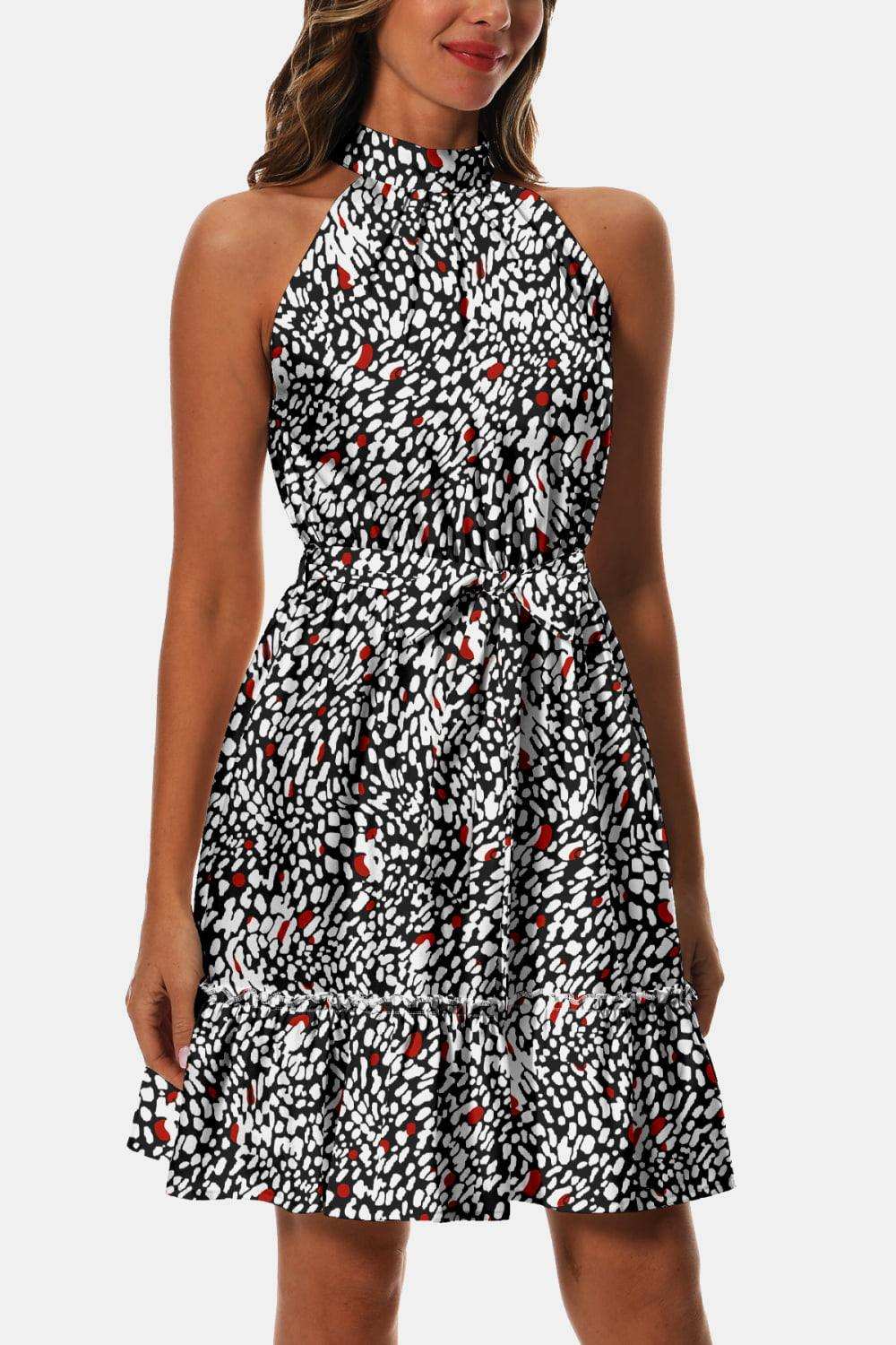 Printed Tie Waist Frill Trim Dress - Trendsi - Flyclothing LLC