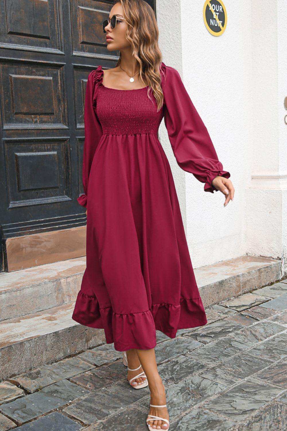 Smocked Ruffle Hem Flounce Sleeve Dress - Trendsi - Flyclothing LLC