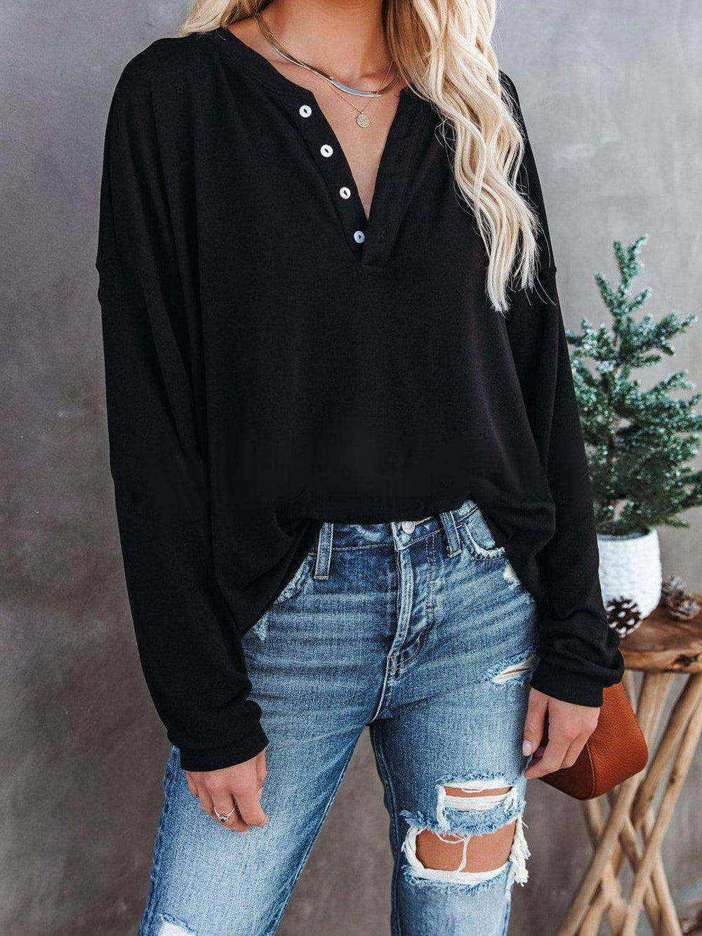 Buttoned Drop Shoulder Top - Trendsi - Flyclothing LLC