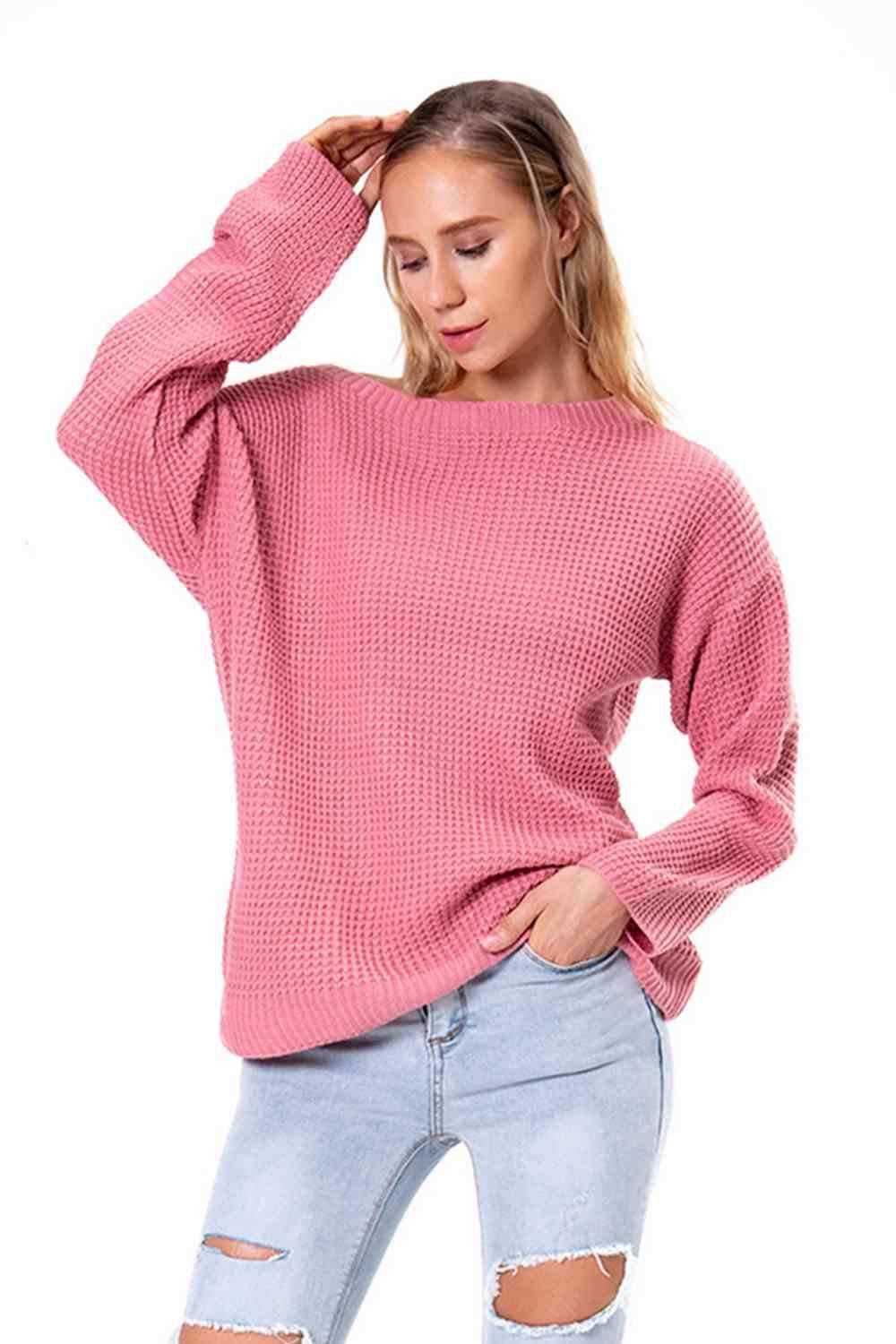 Boat Neck Drop Shoulder Long Sleeve Sweater - Trendsi - Flyclothing LLC