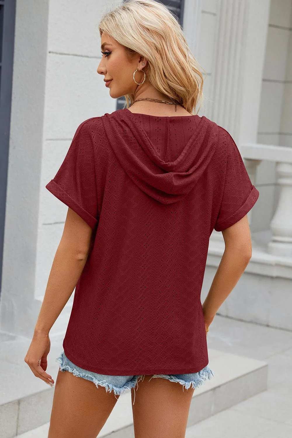 Eyelet Drawstring Hooded Short Sleeve Blouse - Trendsi - Flyclothing LLC