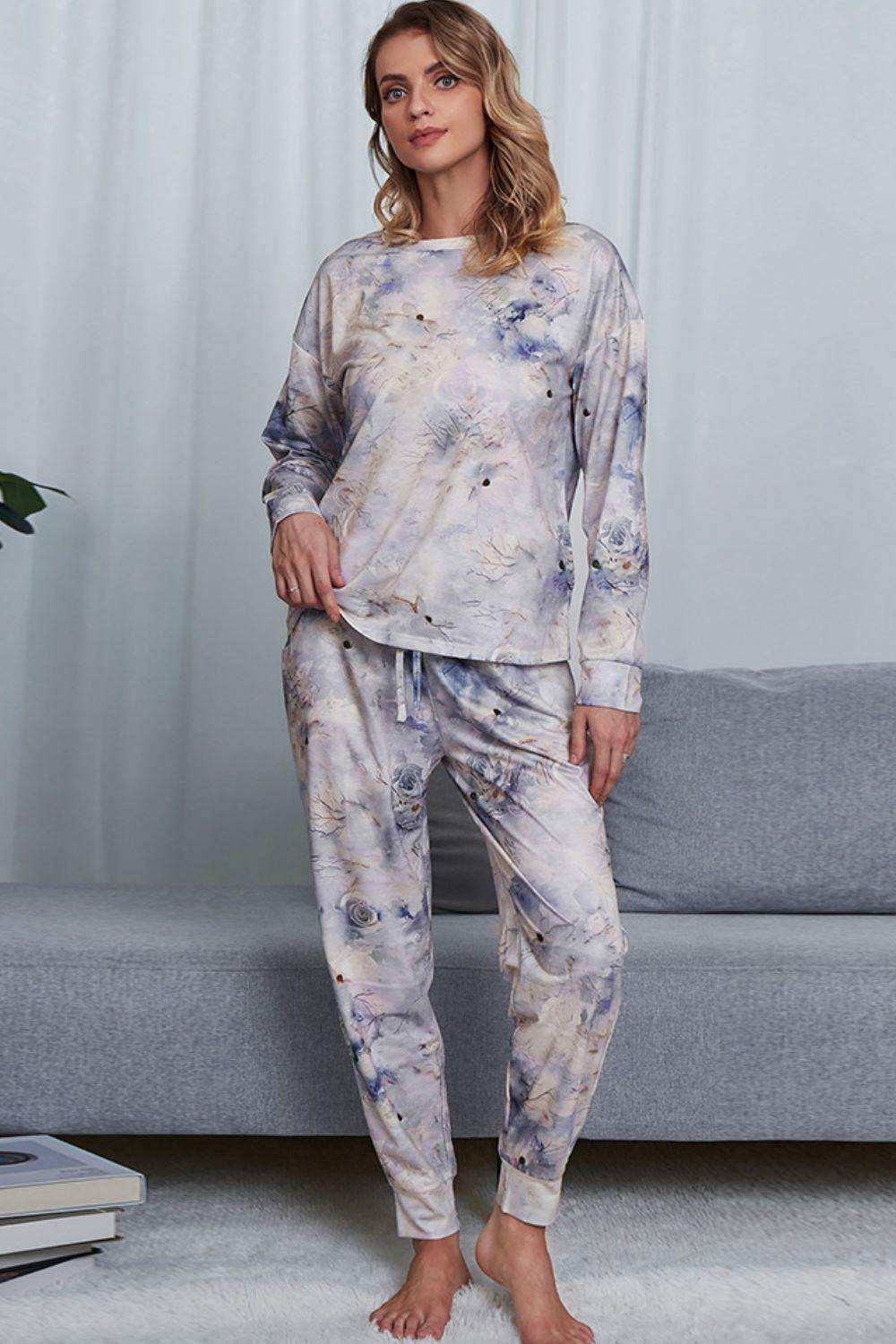 Tie-Dye Crewneck Top and Drawstring Waist Joggers Lounge Set - Trendsi - Flyclothing LLC