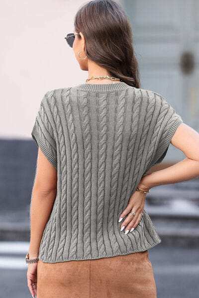 Cable-Knit Round Neck Cap Sleeve Sweater - Trendsi - Flyclothing LLC