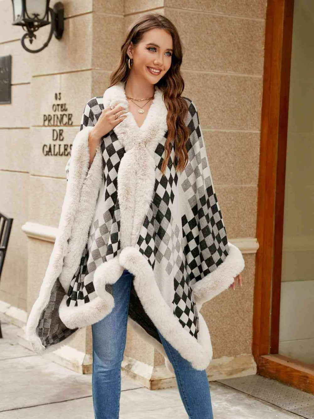 Checkered Faux Fur Trim Poncho - Trendsi - Flyclothing LLC