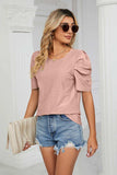 Eyelet Puff Sleeve Round Neck Blouse - Trendsi - Flyclothing LLC