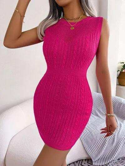 Cable-Knit Round Neck Sleeveless Sweater Dress - Trendsi - Flyclothing LLC