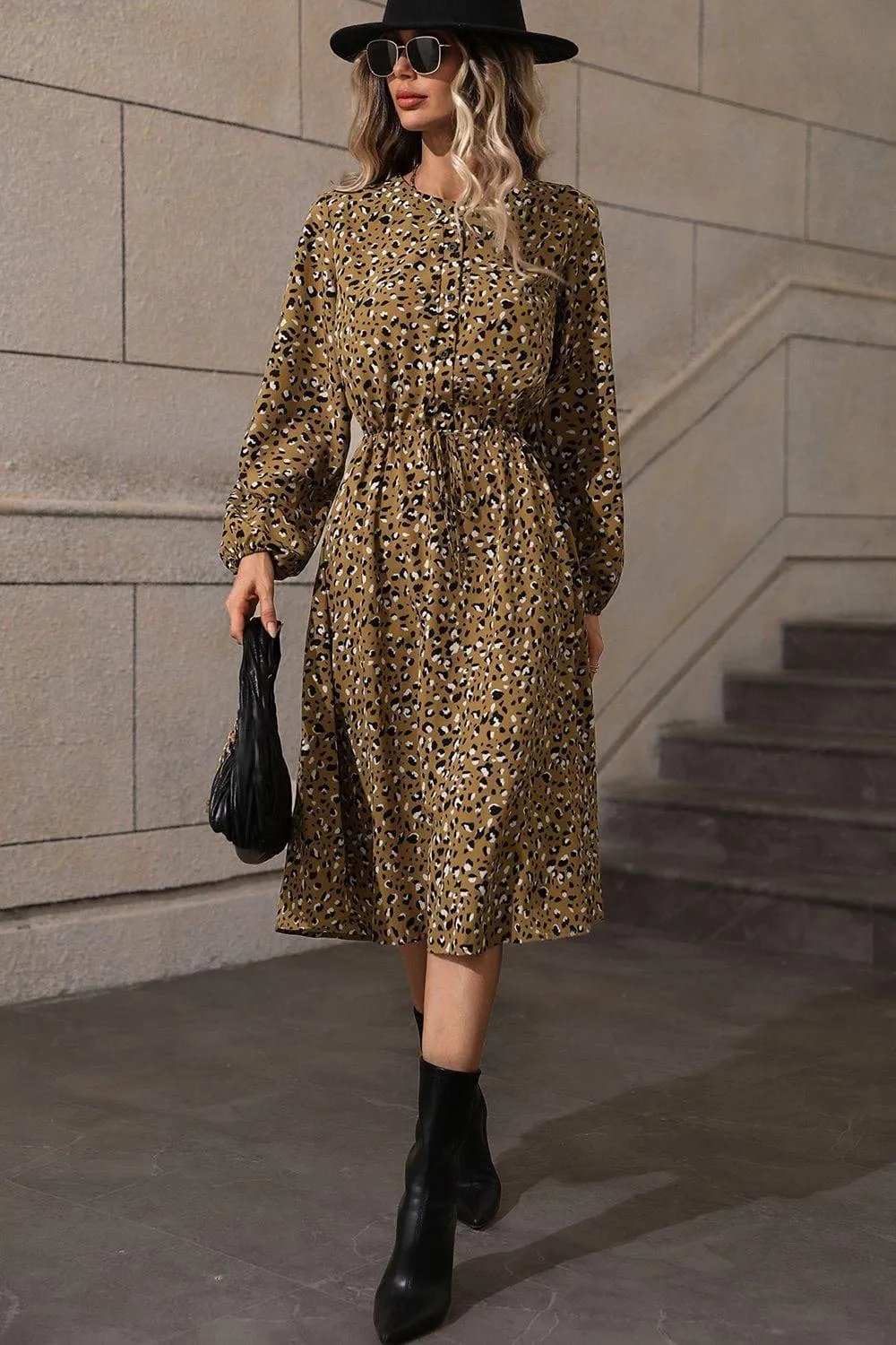 Printed Long Sleeve Midi Dress - Trendsi - Flyclothing LLC
