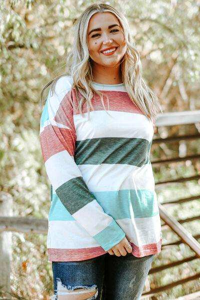 Plus Size Striped Slit Long Sleeve T-Shirt - Trendsi - Flyclothing LLC