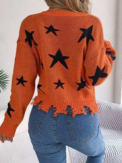 Star Pattern Distressed V-Neck Cropped Sweater - Trendsi - Flyclothing LLC