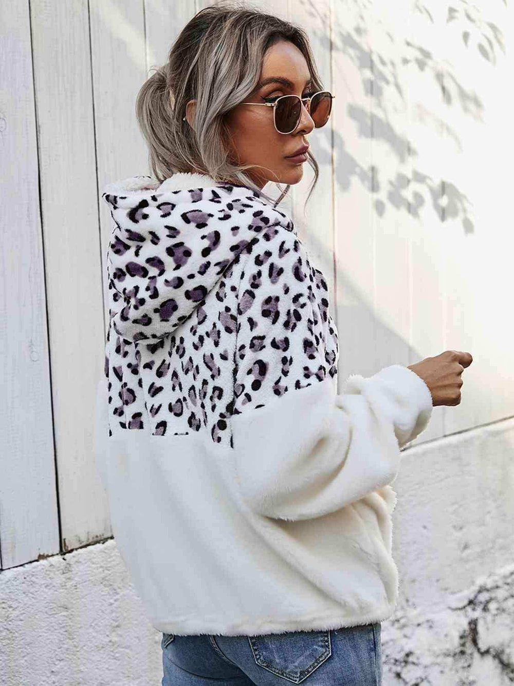 Leopard Half-Zip Dropped Shoulder Hoodie - Trendsi - Flyclothing LLC