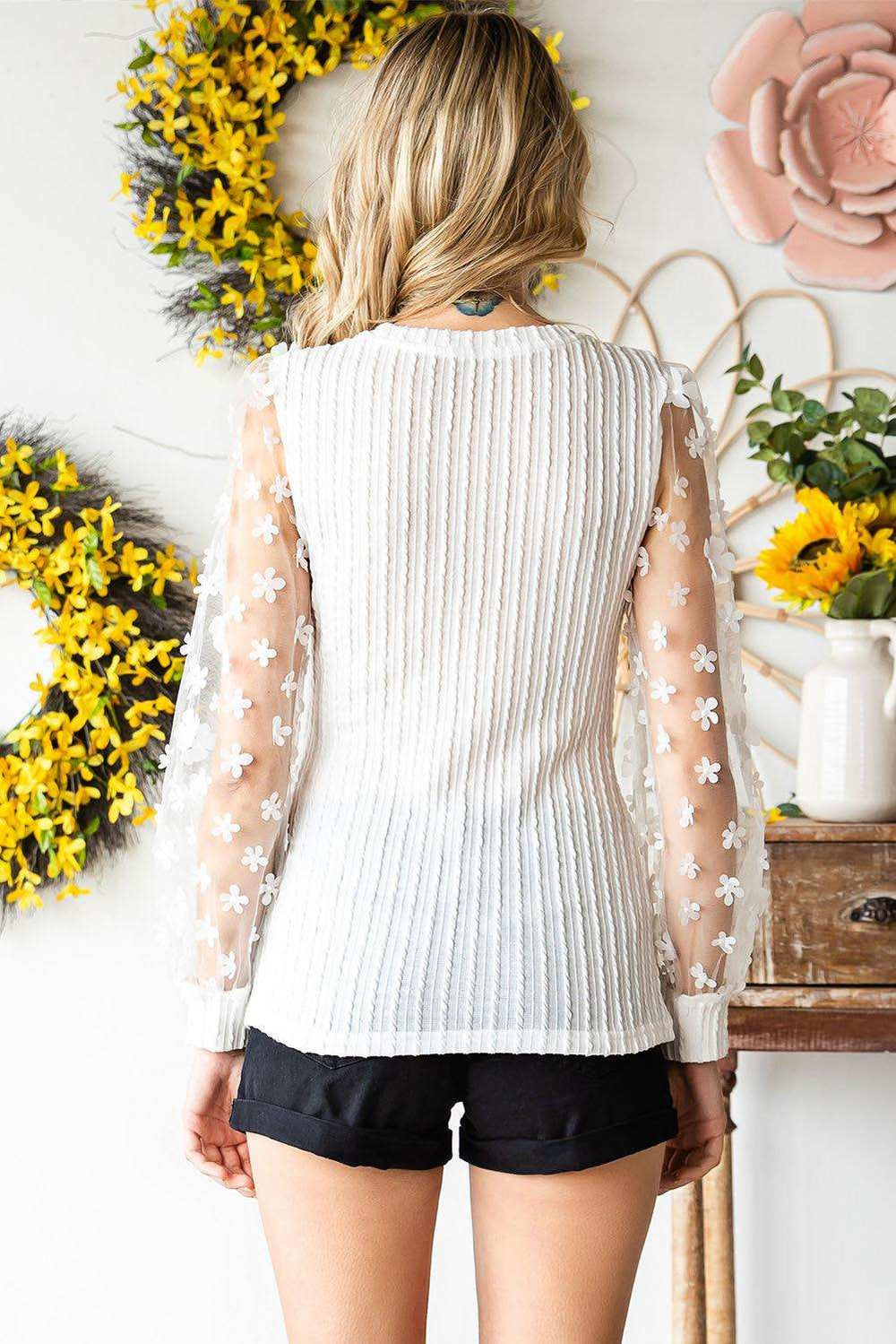 Textured Applique Long Sleeve Blouse - Trendsi - Flyclothing LLC