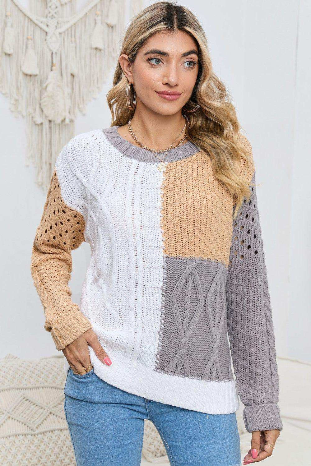 Cable-Knit Openwork Round Neck Color Block Sweater - Trendsi - Flyclothing LLC