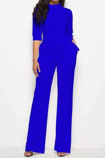 Mock Neck Tie-Waist Half Sleeve Jumpsuit - Trendsi - Flyclothing LLC