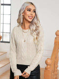 Cable-Knit Round Neck Long Sleeve Sweater - Trendsi - Flyclothing LLC