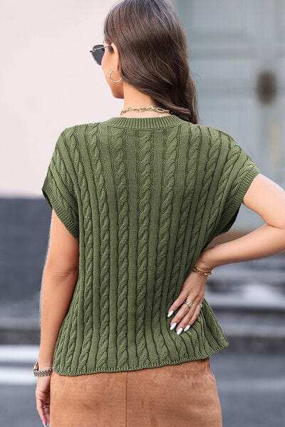 Cable-Knit Round Neck Cap Sleeve Sweater - Trendsi - Flyclothing LLC