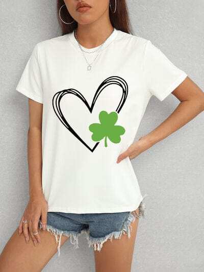 Heart Lucky Clover Short Sleeve T-Shirt - Trendsi - Flyclothing LLC